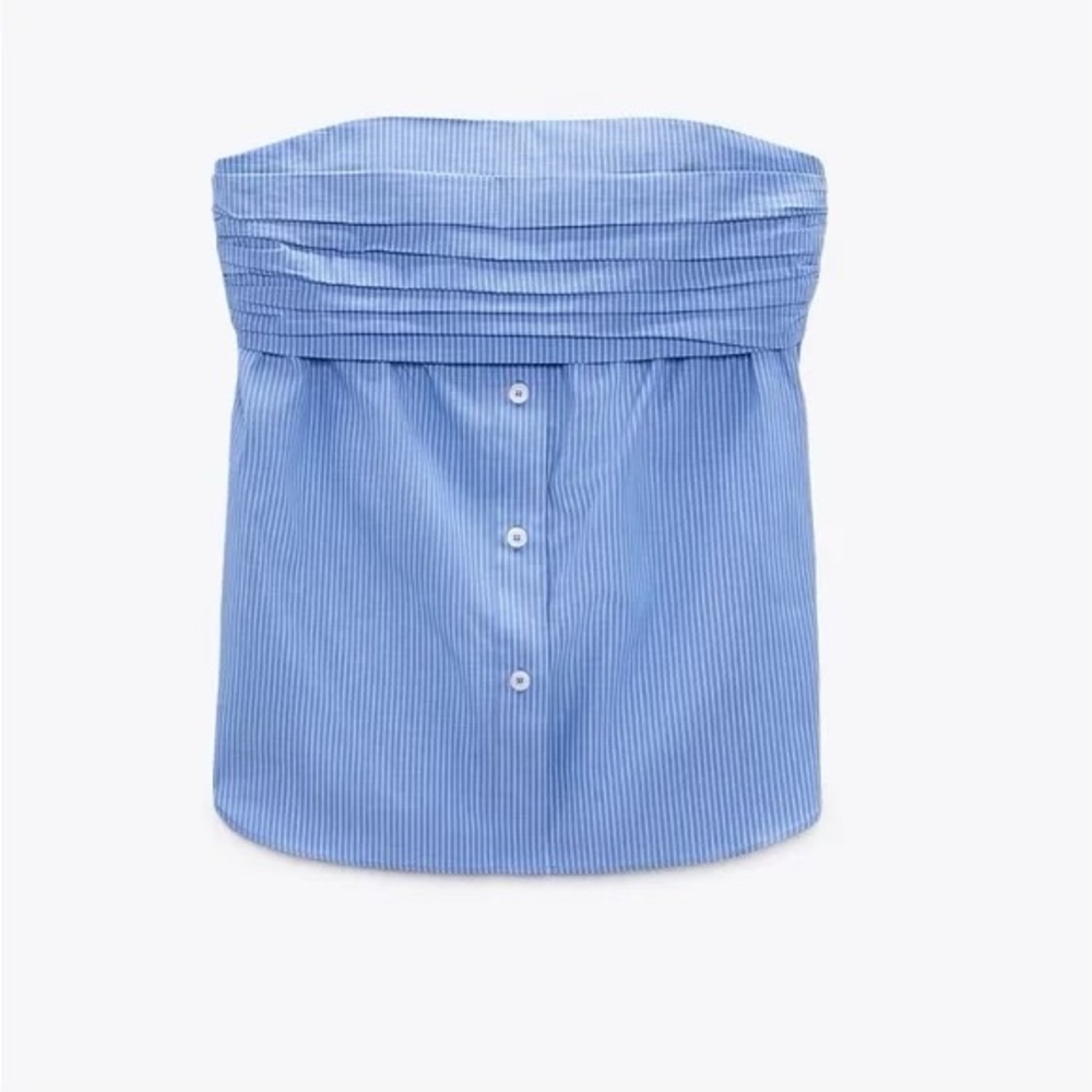 Blue Strapless Button-Up Top